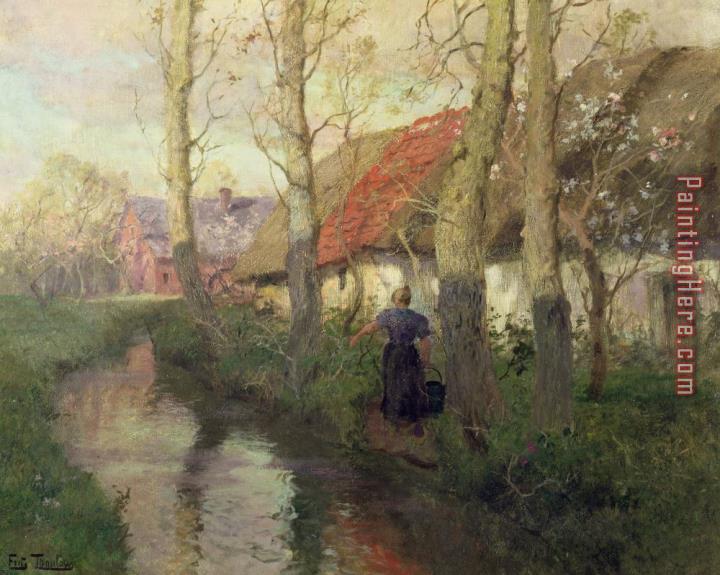 Fritz Thaulow A French River Landscape With A Woman By Cottages